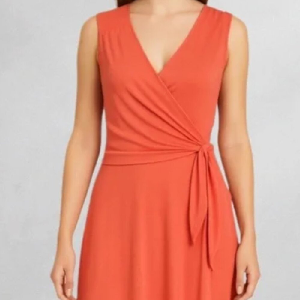 Ann Taylor Coral Faux Wrap Side Tie Dress V Neck